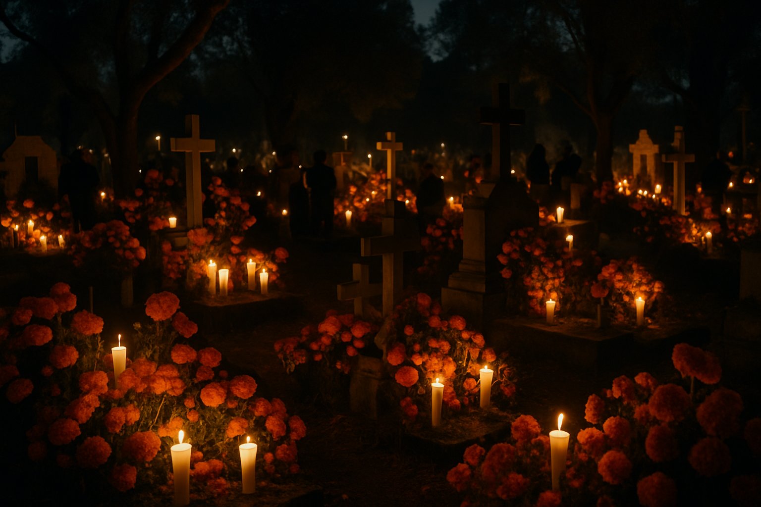 candlelit cemetery marigolds night